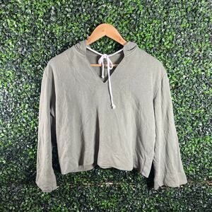 Loft, Army Green Crop Top Hoodie, Wide Sleeve, Size S